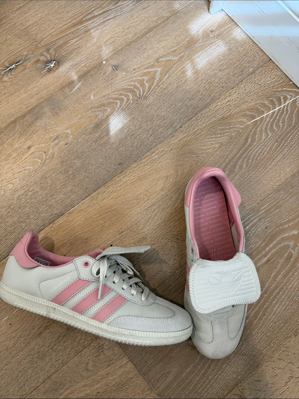 Adidas Gazelle-style Sneakers in White and Pink x Humanrace Pharrell Williams